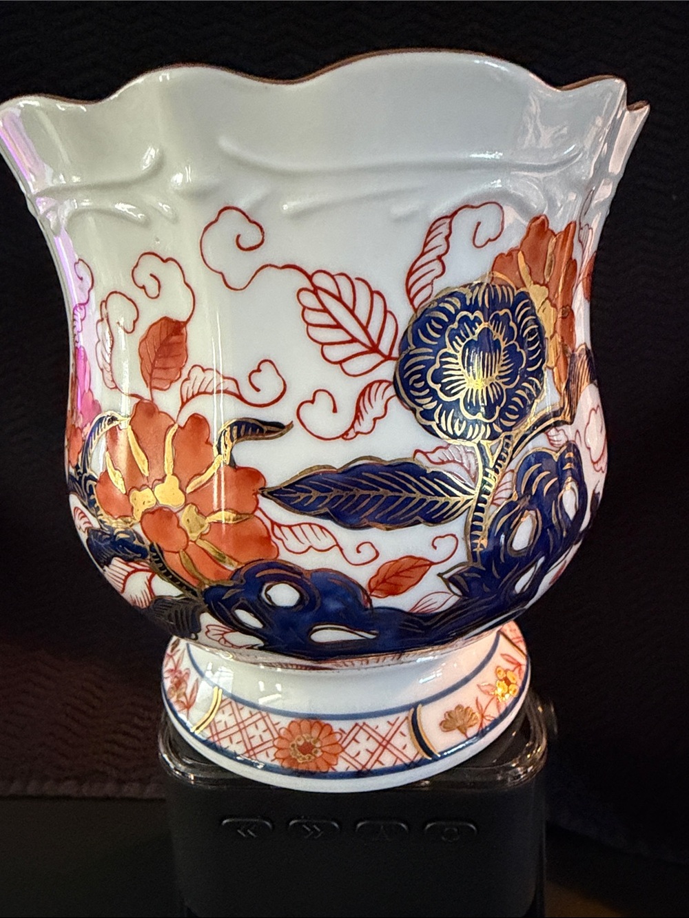 Asian Inspired White Porcelain Floral Cachepot with Blue and Orange Accents